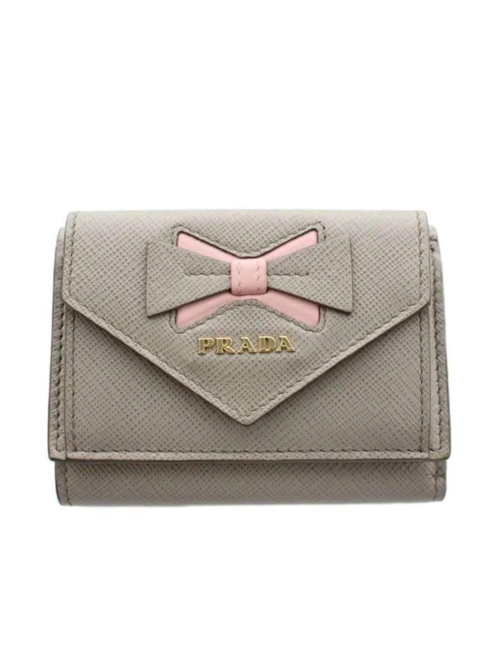 Prada Saffiano Wallet Trifold Coin Purse Leather Gray Pink